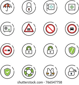 line vector icon set - insurance vector, lock, first aid room, safe, railway intersection road sign, prohibition, no car, overtake, locked, unlocked, shield, check, lifebuoy, life vest, wireless