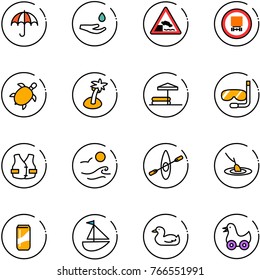 line vector icon set - insurance vector, drop hand, embankment road sign, no dangerous cargo, sea turtle, palm, inflatable pool, diving, life vest, waves, kayak, fishing, drink, sailboat toy, duck
