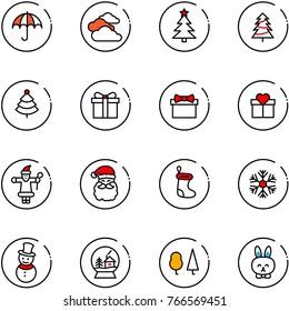 line vector icon set - insurance vector, clouds, christmas tree, gift, santa claus, sock, snowflake, snowman, snowball house, forest, toy rabbit