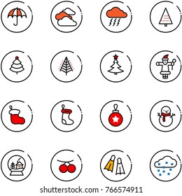 line vector icon set - insurance vector, clouds, storm, christmas tree, santa claus, sock, ball, snowman, snowball house, rowanberry, flippers, snow