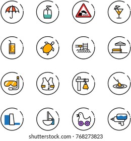 line vector icon set - insurance vector, liquid soap, embankment road sign, drink, sea turtle, pool, inflatable, diving, life vest, ship bell, fishing, water power plant, sailboat toy, duck, gun