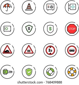 line vector icon set - insurance vector, road cone, safe, first aid room, stop sign, steep descent, railway intersection, limited height, no bus, key, shield check, lifebuoy