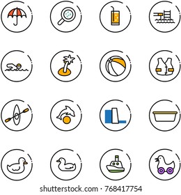 line vector icon set - insurance vector, bacteria, drink, pool, swimming, palm, ball, life vest, kayak, dolphin, water power plant, basin, duck toy, boat