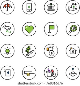 line vector icon set - insurance vector, mobile payment, bank, investment, heart, flag, search money, bulb, career, rich, home dollar, power, trailer, shovel bucket, wirligig toy