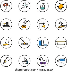 line vector icon set - insurance vector, bacteria, liquid soap, sea turtle, pool, palm, ship bell, surfing, windsurfing, fishing, water power plant, basin, oiler, sailboat toy, duck, gun