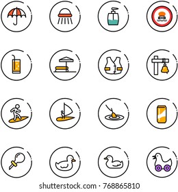 line vector icon set - insurance vector, shower, liquid soap, no dangerous cargo road sign, drink, inflatable pool, life vest, ship bell, surfing, windsurfing, fishing, oiler, duck toy