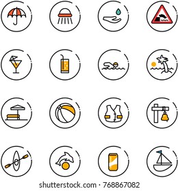 line vector icon set - insurance vector, shower, drop hand, embankment road sign, drink, swimming, palm, inflatable pool, ball, life vest, ship bell, kayak, dolphin, sailboat toy
