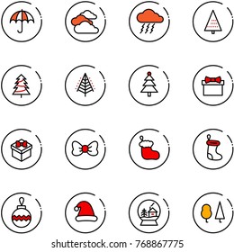 line vector icon set - insurance vector, clouds, storm, christmas tree, gift, bow, sock, ball, hat, snowball house, forest