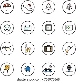 line vector icon set - insurance vector, escalator down, christmas tree, virus, schedule, safe, helicopter, wine, suitcase, kite, globe, car wireless