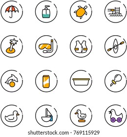 line vector icon set - insurance vector, liquid soap, sea turtle, pool, palm, diving, life vest, kayak, dolphin, drink, basin, oiler, duck toy, sailboat