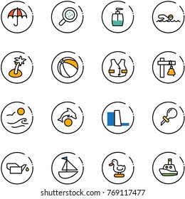line vector icon set - insurance vector, bacteria, liquid soap, swimming, palm, ball, life vest, ship bell, waves, dolphin, water power plant, oiler, sailboat toy, duck, boat