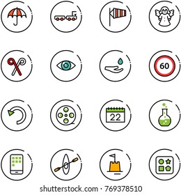 line vector icon set - insurance vector, baggage truck, side wind, angel, santa stick, eye, drop hand, speed limit 60 road sign, undo, film coil, calendar, round flask, mobile, kayak, sand castle