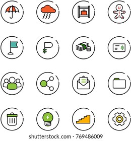 line vector icon set - insurance vector, storm, baggage room, cake man, flag, ruble, cash, tap pay, group, share, opened mail, folder, trash bin, idea, stairs, gear