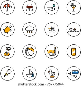 line vector icon set - insurance vector, shower, drop hand, drink, sea turtle, rain cloud, pool, swimming, palm, ball, diving, oiler, sailboat toy, duck, water gun