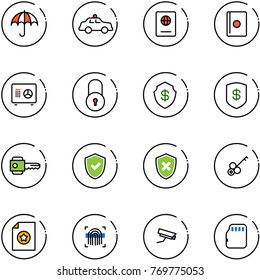 line vector icon set - insurance vector, safety car, passport, safe, lock, key, shield check, cross, certificate, fingerprint scanner, surveillance camera, micro flash card