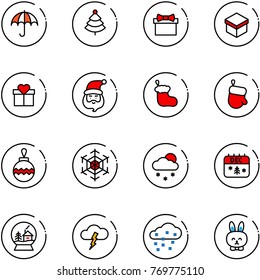 line vector icon set - insurance vector, christmas tree, gift, santa claus, sock, glove, ball, snowflake, snowfall, calendar, snowball house, storm, snow, toy rabbit