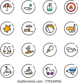 line vector icon set - insurance vector, drop hand, liquid soap, no dangerous cargo road sign, sea turtle, inflatable pool, ball, diving, life vest, surfing, oiler, sailboat toy, boat, duck