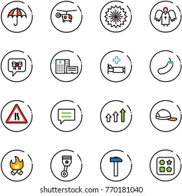 line vector icon set - insurance vector, helicopter, firework, angel, bow message, hospital building, bed, eggplant, Road narrows sign, chat, arrows up, cap, fire, piston, hammer, cube hole toy