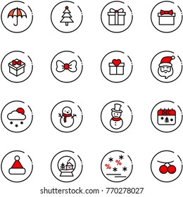 line vector icon set - insurance vector, christmas tree, gift, bow, santa claus, snowfall, snowman, calendar, hat, snowball house, sale, rowanberry