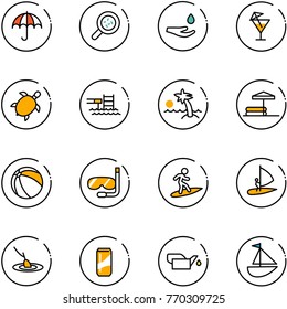 line vector icon set - insurance vector, bacteria, drop hand, drink, sea turtle, pool, palm, inflatable, ball, diving, surfing, windsurfing, fishing, oiler, sailboat toy