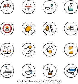 line vector icon set - insurance vector, shower, drop hand, liquid soap, no dangerous cargo road sign, sea turtle, flippers, pool, life vest, waves, dolphin, drink, sailboat toy, duck, water gun