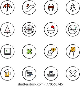 line vector icon set - insurance vector, escalator up, shower, christmas tree, firework, snowfall, no smoking sign, safe, delete cross, money dialog, kite, beer, terms plan, conveyor