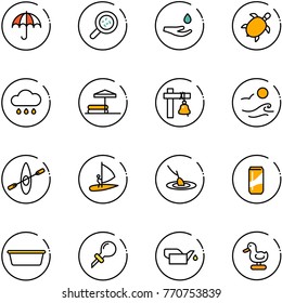 line vector icon set - insurance vector, bacteria, drop hand, sea turtle, rain cloud, inflatable pool, ship bell, waves, kayak, windsurfing, fishing, drink, basin, oiler, toy duck