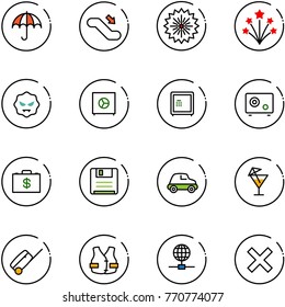 line vector icon set - insurance vector, escalator down, firework, virus, safe, money case, save, car, drink, suitcase, life vest, globe, delete