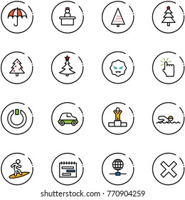 line vector icon set - insurance vector, recieptionist, christmas tree, virus, hand touch, standby, car, winner, swimming, surfing, terms plan, globe, delete