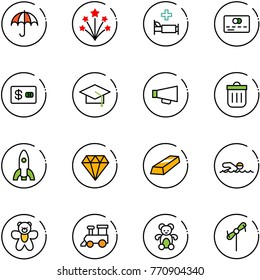line vector icon set - insurance vector, firework, hospital bed, credit card, graduate hat, loudspeaker, trash bin, rocket, diamond, gold, swimming, bear toy, train, windmill