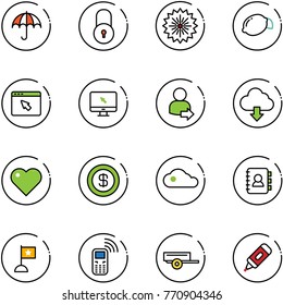 line vector icon set - insurance vector, lock, firework, lemon, cursor browser, monitor, user login, download cloud, heart, dollar, contact book, flag, mobile phone, trailer, marker