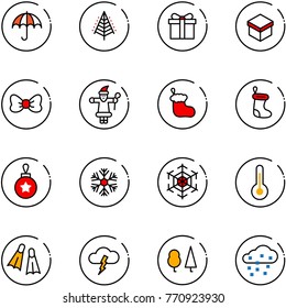 line vector icon set - insurance vector, christmas tree, gift, bow, santa claus, sock, ball, snowflake, thermometer, flippers, storm, forest, snow