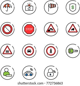 line vector icon set - insurance vector, terrorism, side wind, safe, prohibition road sign, stop, embankment, tractor way, railway intersection, no car, pedestrian, key, user password, wireless