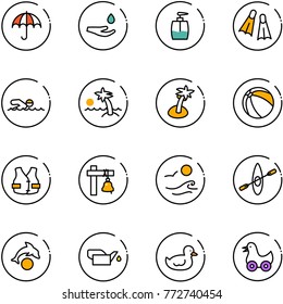 line vector icon set - insurance vector, drop hand, liquid soap, flippers, swimming, palm, ball, life vest, ship bell, waves, kayak, dolphin, oiler, duck toy