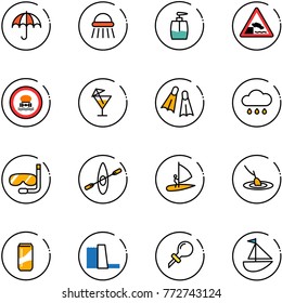 line vector icon set - insurance vector, shower, liquid soap, embankment road sign, no dangerous cargo, drink, flippers, rain cloud, diving, kayak, windsurfing, fishing, water power plant, oiler