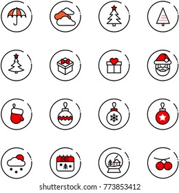 line vector icon set - insurance vector, clouds, christmas tree, gift, santa claus, glove, ball, snowfall, calendar, snowball house, rowanberry