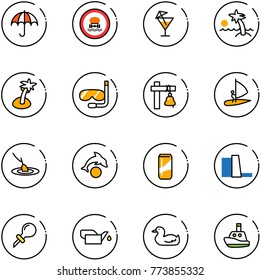 line vector icon set - insurance vector, no dangerous cargo road sign, drink, palm, diving, ship bell, windsurfing, fishing, dolphin, water power plant, oiler, toy duck, boat