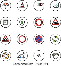 line vector icon set - insurance vector, road cone, side wind, first aid room, safe, prohibition sign, climb, embankment, no parking, lifebuoy, car wireless, surveillance camera, protect glass