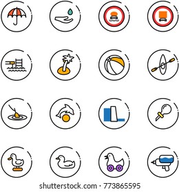 line vector icon set - insurance vector, drop hand, no dangerous cargo road sign, pool, palm, ball, kayak, fishing, dolphin, water power plant, oiler, toy duck, gun