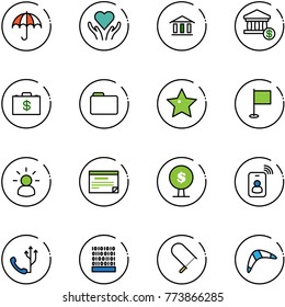 line vector icon set - insurance vector, heart care, bank, account, money case, folder, star, flag, idea, schedule, tree, identity card, phone, binary code, fretsaw, boomerang