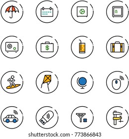 line vector icon set - insurance vector, schedule, safe, money case, drink, suitcase, surfing, kite, globe, mouse wireless, car, usb wi fi, no signal, clamp
