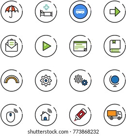 line vector icon set - insurance vector, hospital bed, bus road sign, right arrow, opened mail, play, schedule, book, rainbow, gear, globe, mouse wireless, home, marker, truck toy