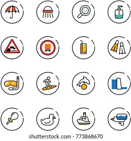 line vector icon set - insurance vector, shower, bacteria, liquid soap, embankment road sign, no dangerous cargo, drink, flippers, diving, surfing, dolphin, water power plant, oiler, duck toy, boat