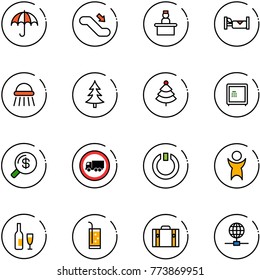 line vector icon set - insurance vector, escalator down, recieptionist, hotel, shower, christmas tree, safe, money search, no truck road sign, standby, success, wine, drink, suitcase, globe