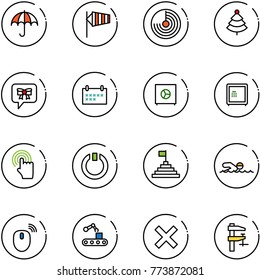 line vector icon set - insurance vector, side wind, radar, christmas tree, bow message, schedule, safe, hand cursor, standby, pyramid flag, swimming, mouse wireless, conveyor, delete, clamp