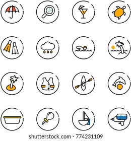 line vector icon set - insurance vector, bacteria, drink, sea turtle, flippers, rain cloud, swimming, palm, life vest, kayak, dolphin, basin, oiler, sailboat toy, water gun