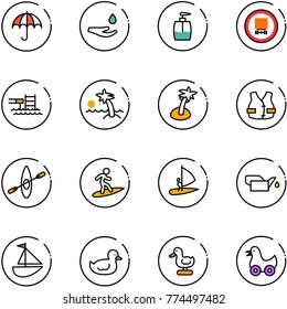 line vector icon set - insurance vector, drop hand, liquid soap, no dangerous cargo road sign, pool, palm, life vest, kayak, surfing, windsurfing, oiler, sailboat toy, duck