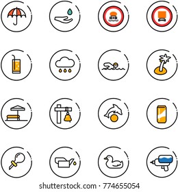 line vector icon set - insurance vector, drop hand, no dangerous cargo road sign, drink, rain cloud, swimming, palm, inflatable pool, ship bell, dolphin, oiler, toy duck, water gun