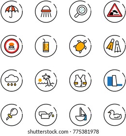 line vector icon set - insurance vector, shower, bacteria, embankment road sign, no dangerous cargo, drink, sea turtle, flippers, rain cloud, palm, life vest, water power plant, oiler, sailboat toy