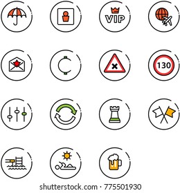 line vector icon set - insurance vector, male wc, vip, plane globe, star letter, cent, railway intersection road sign, speed limit 130, settings, refresh, chess tower, flags cross, pool, reading